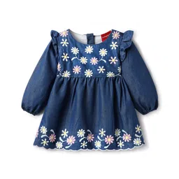 Babyhug Cotton Knit Full Sleeves Frock With Floral Embroidery & Frill Detailing - Blue-picture-21