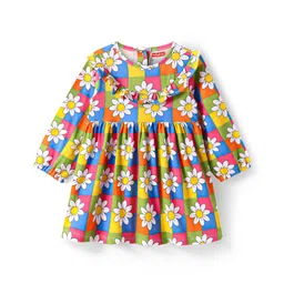 Babyhug Cotton Knit Full Sleeves Frock with Frill Detailaing & Floral Print - Yellow Green & Blue-picture-26
