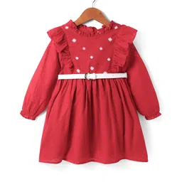 Babyhug Cotton Knit Full Sleeves Frock With Frill Detailing & Floral Embroidery -Red-picture-27