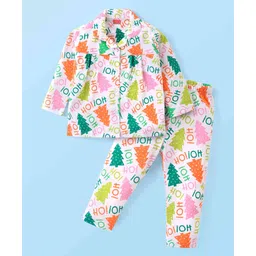 Babyhug Cotton Knit Full Sleeves Front Open Christmas Theme Printed Night Suit - White-picture-25