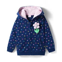 Babyhug Cotton Knit Full Sleeves Front Open Hooded Sweatjacket with Kangaroo Pocket Polka Dot & Floral Applique - Navy Blue-picture-25