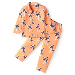 Babyhug Cotton Knit Full Sleeves Front Open Night Suit with Coconut Tree Print - Orange-picture-25