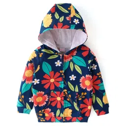 Babyhug Cotton Knit Full Sleeves Front Open Sweatjacket with Hood & Floral Print - Navy Blue-picture-15