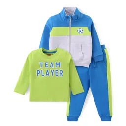 Babyhug Cotton Knit Full Sleeves Front Zipper Sweatshirt With Text Printed T-Shirt & Lounge Pants - Blue Lime & Grey-picture-13