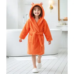 Babyhug Cotton Knit Full Sleeves Hooded Bathrobe With Ear Applique - Orange-picture-27