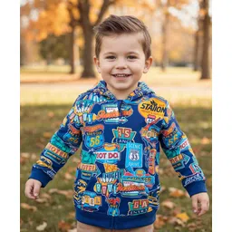 Babyhug Cotton Knit Full Sleeves Hooded Front Open Sweatjacket with Text Print - Blue-picture-15