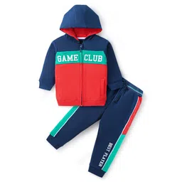 Babyhug Cotton Knit Full Sleeves Hooded Front Zipper Color Block T-Shirt & Lounge Pants Set With Text Print - Navy & Red-picture-14
