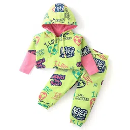 Babyhug Cotton Knit Full Sleeves Hooded T-Shirt & Lounge Pants Co-Ord Set With Football & Text Print - Limegreen & Pink-picture-16