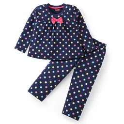 Babyhug Cotton Knit Full Sleeves Night Suit with Bow Applique & Polka Dots Print - Navy Blue-picture-37