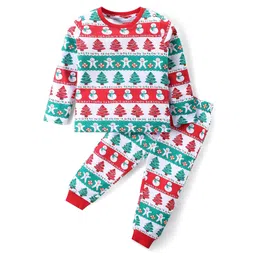 Babyhug Cotton Knit Full Sleeves Night Suit with Christmas Theme Print - White-picture-22