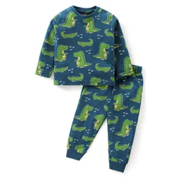 Babyhug Cotton Knit Full Sleeves Night Suit with Dino Print - Blue-picture-14