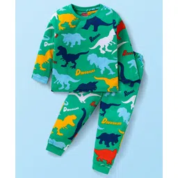 Babyhug Cotton Knit Full Sleeves Night Suit with Dino Print - Green-picture-12