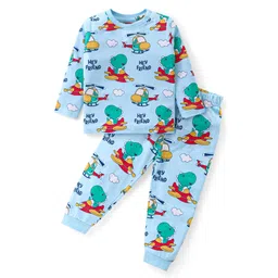 Babyhug Cotton Knit Full Sleeves Night Suit with Dino Print - Light Blue-picture-19