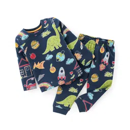 Babyhug Cotton Knit Full Sleeves Night Suit With Dino Print - Navy Blue & Green-picture-12