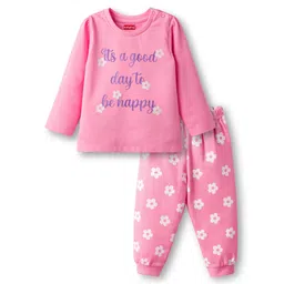 Babyhug Cotton Knit Full Sleeves Night Suit With Floral Print - Pink-picture-35