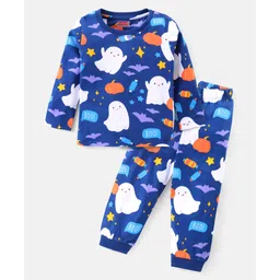 Babyhug Cotton Knit Full Sleeves Night Suit With Halloween Theme Print - Navy-picture-21