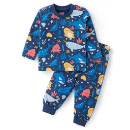 Babyhug Cotton Knit Full Sleeves Night Suit With Marine Life Print - Navy Blue-picture-13