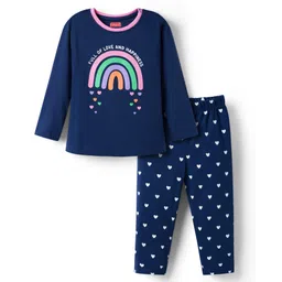 Babyhug Cotton Knit Full Sleeves Night Suit With Rainbow & Heart Print - Navy Blue-picture-16