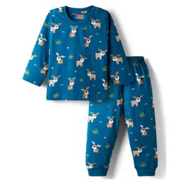 Babyhug Cotton Knit Full Sleeves Night Suit with Reindeer Print - Blue-picture-28