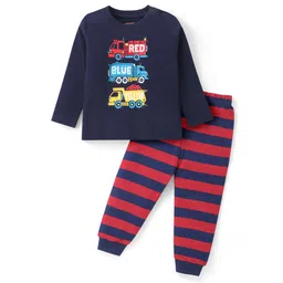 Babyhug Cotton Knit Full Sleeves Night Suit With Stripes & Trucks Print - Navy-picture-25