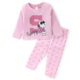 Babyhug Cotton Knit Full Sleeves Night Suit With Text & Snoopy Print - Pink-picture-36