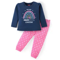 Babyhug Cotton Knit Full Sleeves Night Suit With Text & Stars Print - Navy & Pink-picture-38