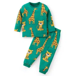 Babyhug Cotton Knit Full Sleeves Night Suit with Tiger & Giraffe Print - Green-picture-23
