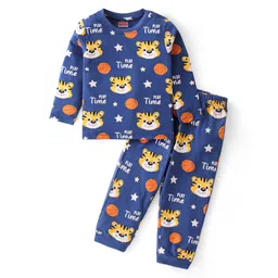 Babyhug Cotton Knit Full Sleeves Night Suit With Tiger Print - Navy-picture-21