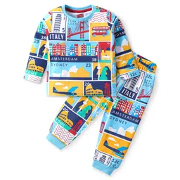 Babyhug Cotton Knit Full Sleeves Night Suit with Vehicle & Text Print - Multicolour-picture-24