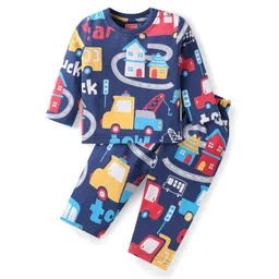 Babyhug Cotton Knit Full Sleeves Night Suit With Vehicle Print - Blue-picture-20
