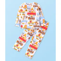 Babyhug Cotton Knit Full Sleeves Night Suit With Vehicle Print - White-picture-17