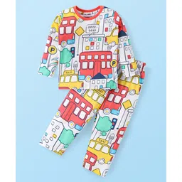 Babyhug Cotton Knit Full Sleeves Night Suit With Vehicles Print - Off White-picture-26