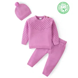 Babyhug Cotton Knit Full Sleeves Pullover Sweater Set With Cable Knit Design & Cap - Mauve-picture-19