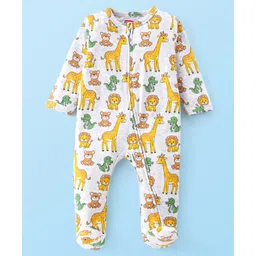 Babyhug Cotton Knit Full Sleeves Sleepsuit Animals Print - White-picture-29