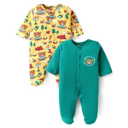 Babyhug Cotton Knit Full Sleeves Solid& Animal Printed Footed Sleep Suits Pack of 2 - Yellow & Green-picture-21