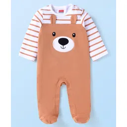 Babyhug Cotton Knit Full Sleeves Striped Sleep Suit With Teddy Bear Print & Ear Applique - Light Brown-picture-15