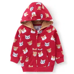Babyhug Cotton Knit Full Sleeves Sweatjacket With Zipper & Hood Animals Print - Red-picture-36