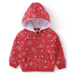 Babyhug Cotton Knit Full Sleeves Sweatjacket With Zipper & Hood Snow Print - Red-picture-23