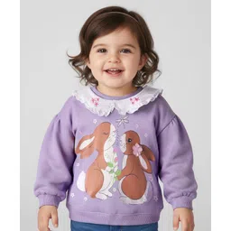 Babyhug Cotton Knit Full Sleeves Sweatshirt with Bunny Print & Floral Applique - Purple-picture-11