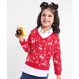Babyhug Cotton Knit Full Sleeves Sweatshirt with Deer Print - Red-picture-20