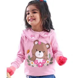 Babyhug Cotton Knit Full Sleeves Sweatshirt With Teddy Graphics & Lace Detailing - Pink-picture-23