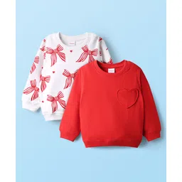 Babyhug Cotton Knit Full Sleeves Sweatshirts With Bow Print & Heart Applique - Red & White-picture-36