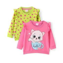 Babyhug Cotton Knit Full Sleeves Sweatshirts With Kitty & Heart Print Pack of 2 - Green & Pink-picture-35