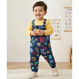 Babyhug Cotton Knit Full Sleeves T-Shirt & Dungaree Set with Elephant Print - Orange & Blue-picture-23