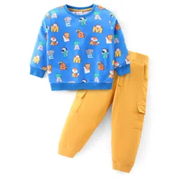 Babyhug Cotton Knit Full Sleeves T-Shirt & Lounge Pants Set With Alphabets & Animals Print - Blue & Yellow-picture-22