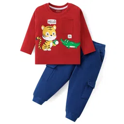 Babyhug Cotton Knit Full Sleeves T-Shirt & Lounge Pants Set With Animals Print - Red & Blue-picture-11