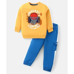 Babyhug Cotton Knit Full Sleeves T-Shirt & Lounge Pants Set With Basketball Print - Mustard & Blue-picture-34