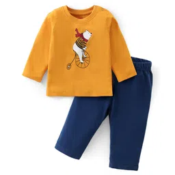 Babyhug Cotton Knit Full Sleeves T-Shirt & Lounge Pants Set With Bear Print - Mustard & Blue-picture-30