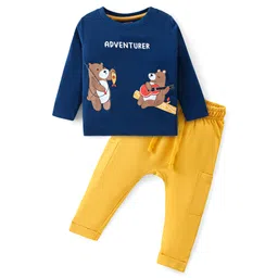 Babyhug Cotton Knit Full Sleeves T-Shirt & Lounge Pants Set With Bears Print - Blue & Yellow-picture-21