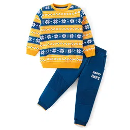 Babyhug Cotton Knit Full Sleeves T-Shirt & Lounge Pants Set With Ikat Print - Yellow & Blue-picture-25